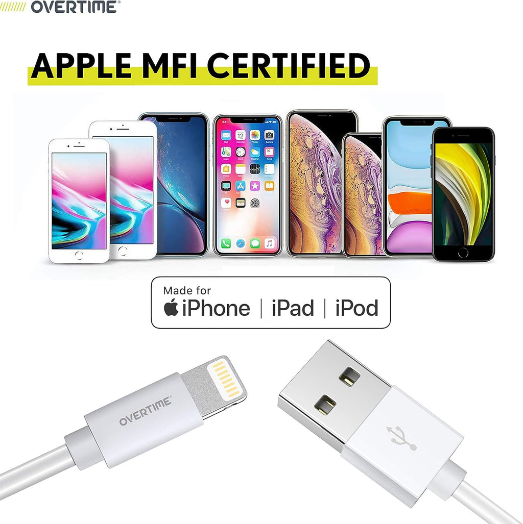 Overtime Iphone Charger Set, Apple Mfi Certified Lightning Cable with Dual USB Wall Adapter 2.4 AMP Compatible W/Iphone 11 Pro Max XS XR X 8 7 6S 6 plus SE Airpods Ipad (Silver/White, 6Ft)