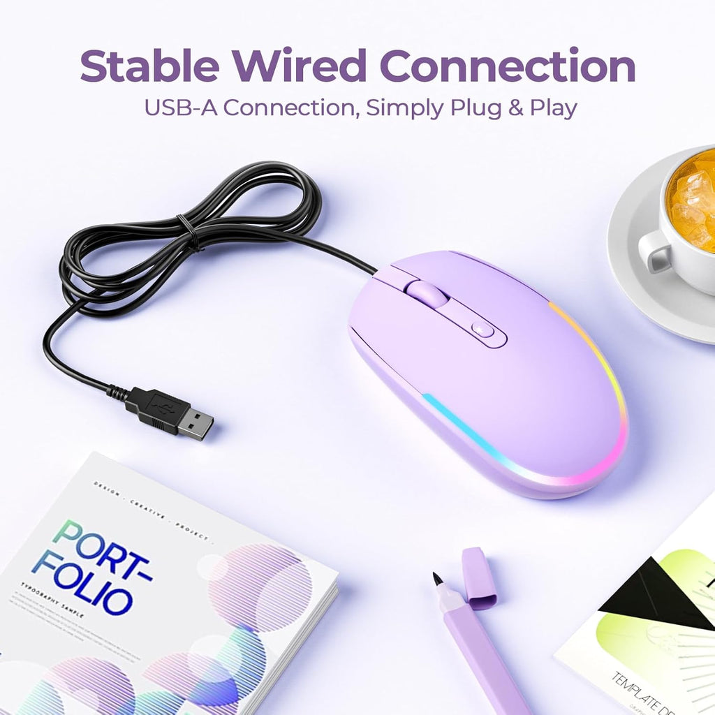 Wired Mouse - USB Computer Mice Wired with RGB Backlit Optical LED Mouse with Attached USB Cord for Laptops Notebooks Chromebook - Purple