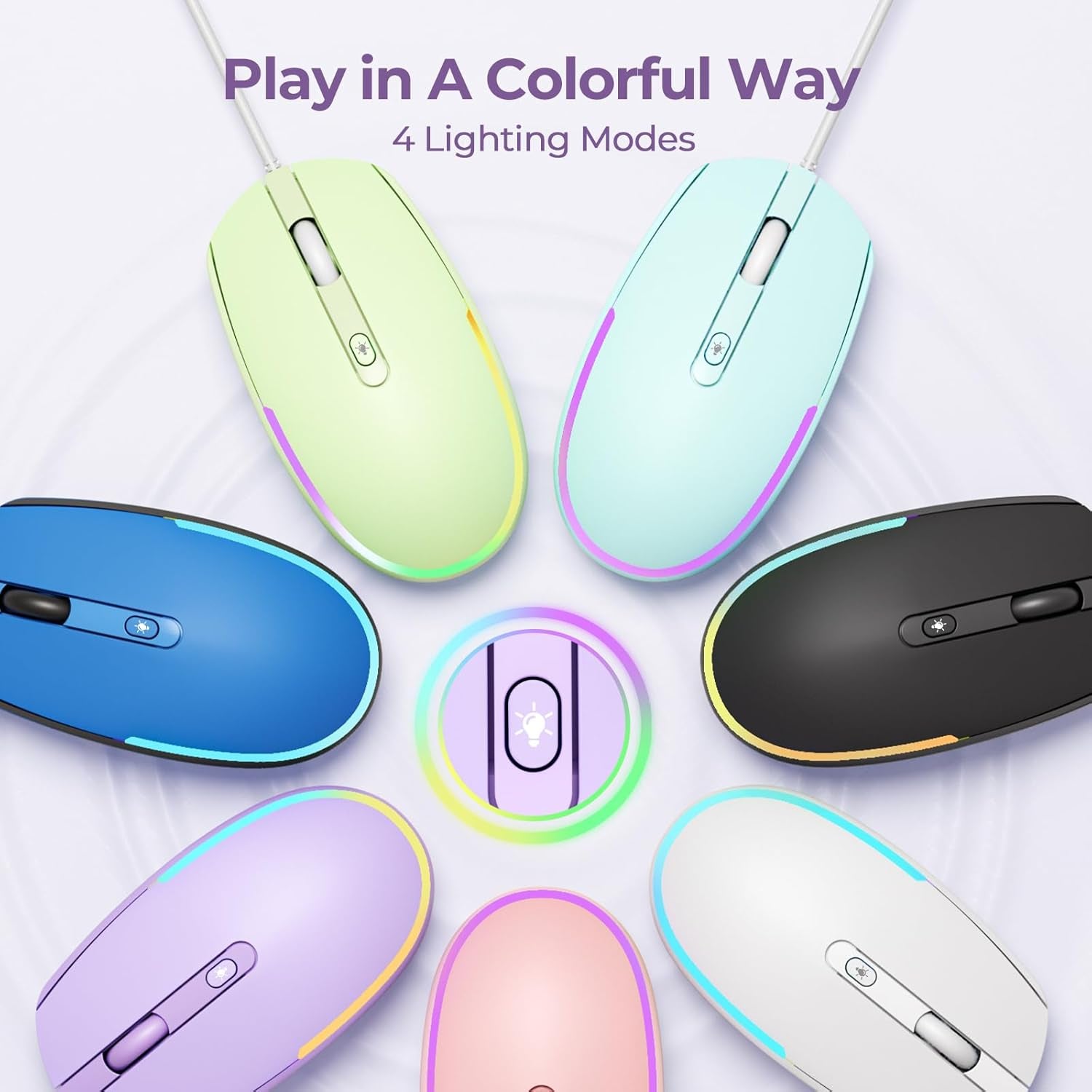 Wired Mouse - USB Computer Mice Wired with RGB Backlit Optical LED Mouse with Attached USB Cord for Laptops Notebooks Chromebook - Purple