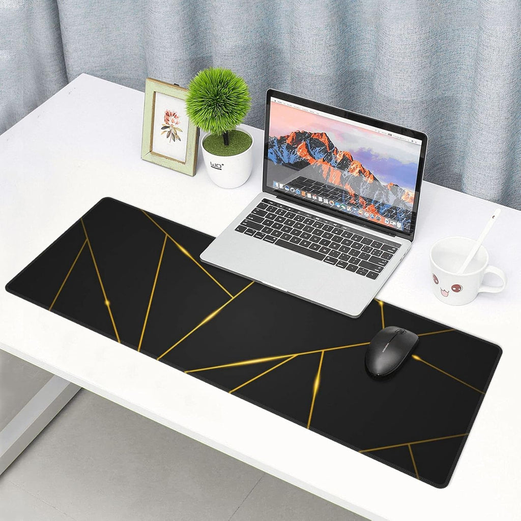 Gaming Mouse Pad 35.4×15.7 Inch XXXL with Stitched Edges Extended Waterproof Gold Line Black Geometric Desk Pads Non-Slip Rubber Base Large Keyboard Mat Computer Gaming Mousepad for Work/Office/Home