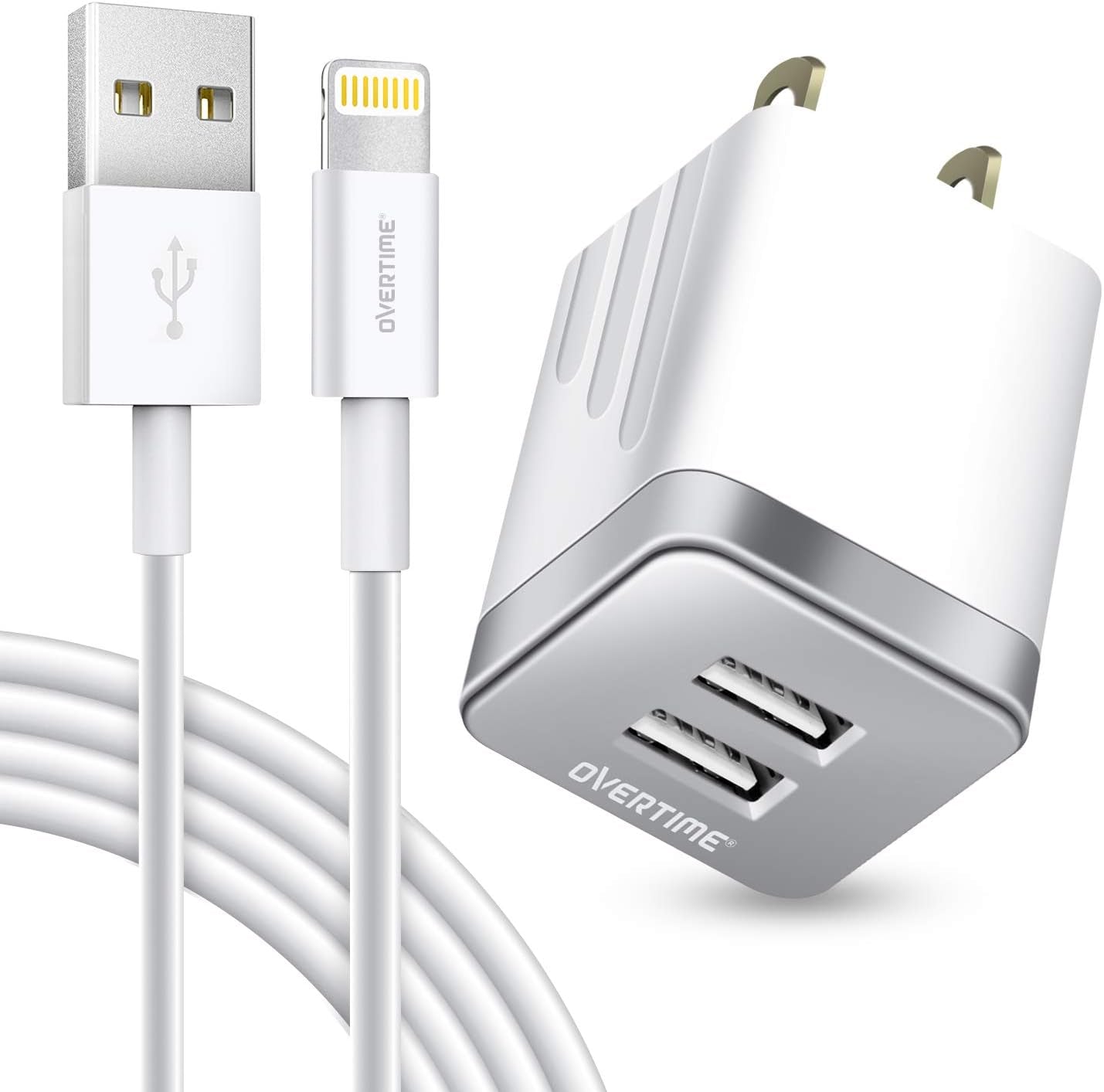 Overtime Iphone Charger Set, Apple Mfi Certified Lightning Cable with Dual USB Wall Adapter 2.4 AMP Compatible W/Iphone 11 Pro Max XS XR X 8 7 6S 6 plus SE Airpods Ipad (Silver/White, 6Ft)