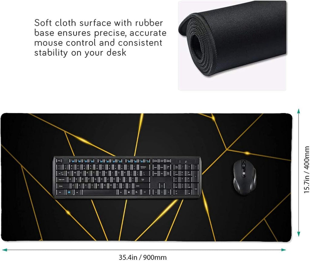 Gaming Mouse Pad 35.4×15.7 Inch XXXL with Stitched Edges Extended Waterproof Gold Line Black Geometric Desk Pads Non-Slip Rubber Base Large Keyboard Mat Computer Gaming Mousepad for Work/Office/Home