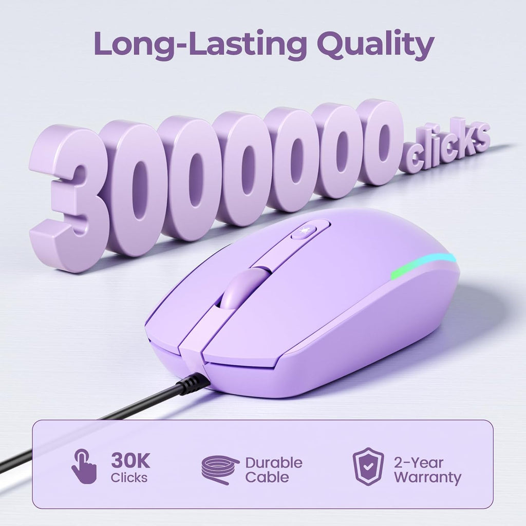 Wired Mouse - USB Computer Mice Wired with RGB Backlit Optical LED Mouse with Attached USB Cord for Laptops Notebooks Chromebook - Purple