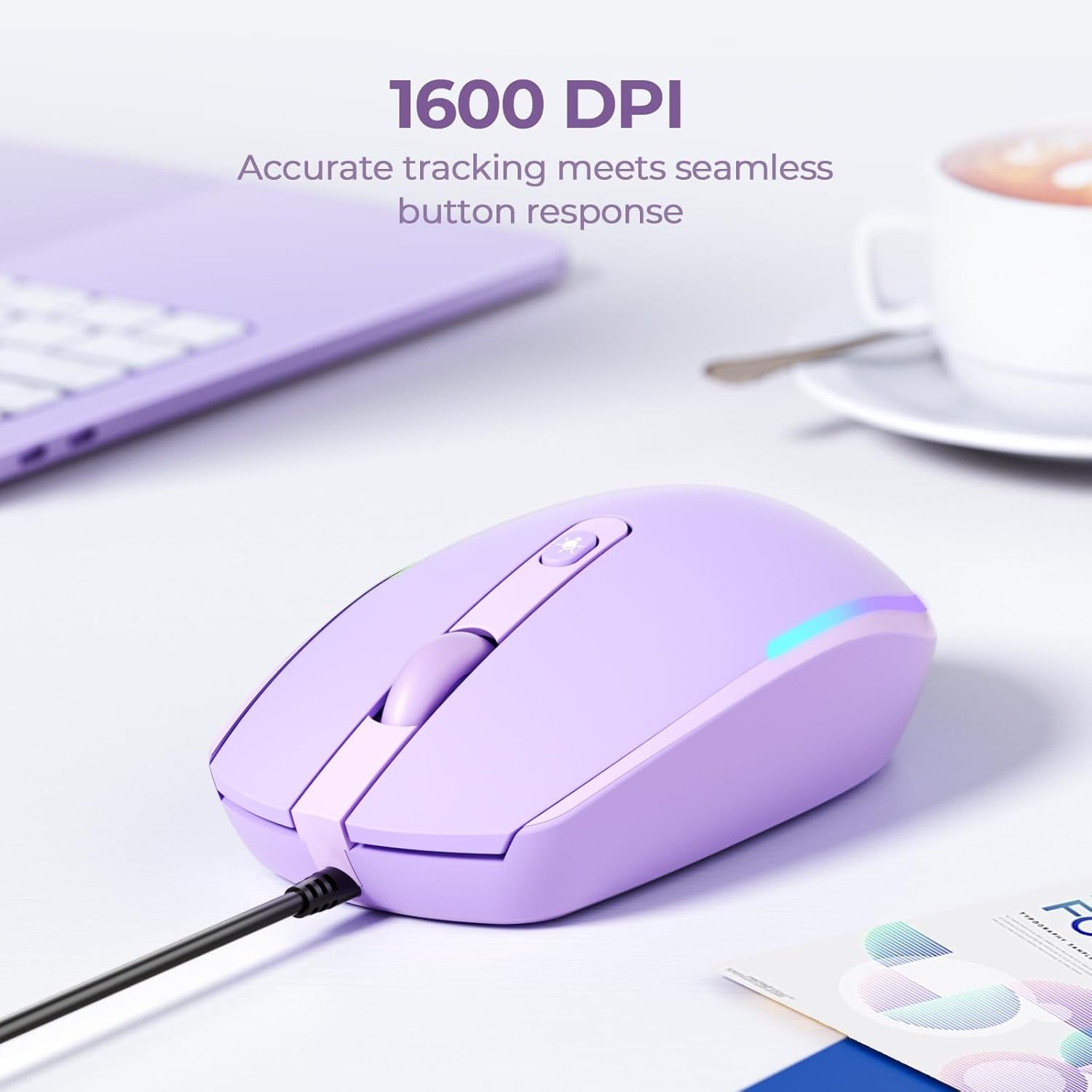 Wired Mouse - USB Computer Mice Wired with RGB Backlit Optical LED Mouse with Attached USB Cord for Laptops Notebooks Chromebook - Purple