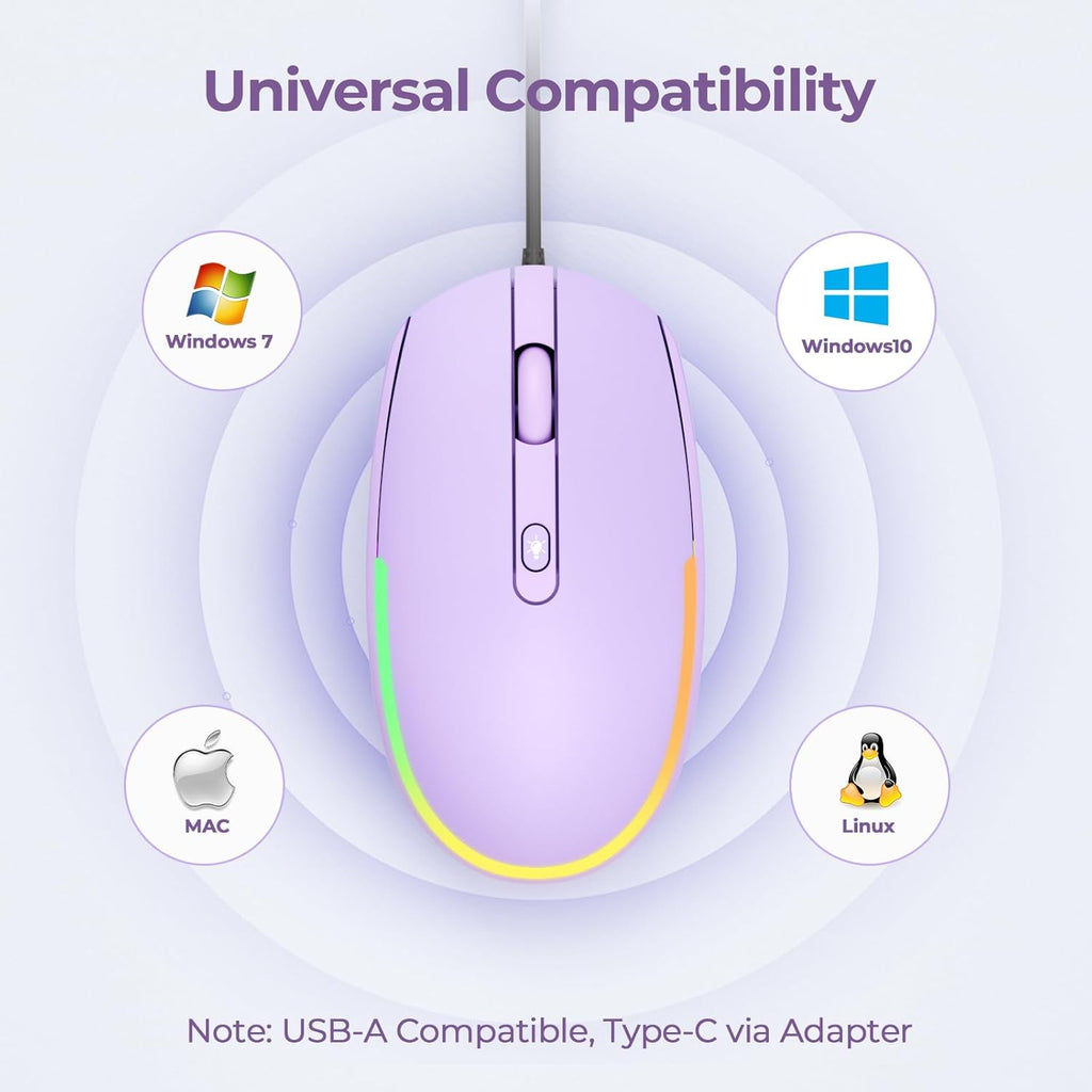 Wired Mouse - USB Computer Mice Wired with RGB Backlit Optical LED Mouse with Attached USB Cord for Laptops Notebooks Chromebook - Purple