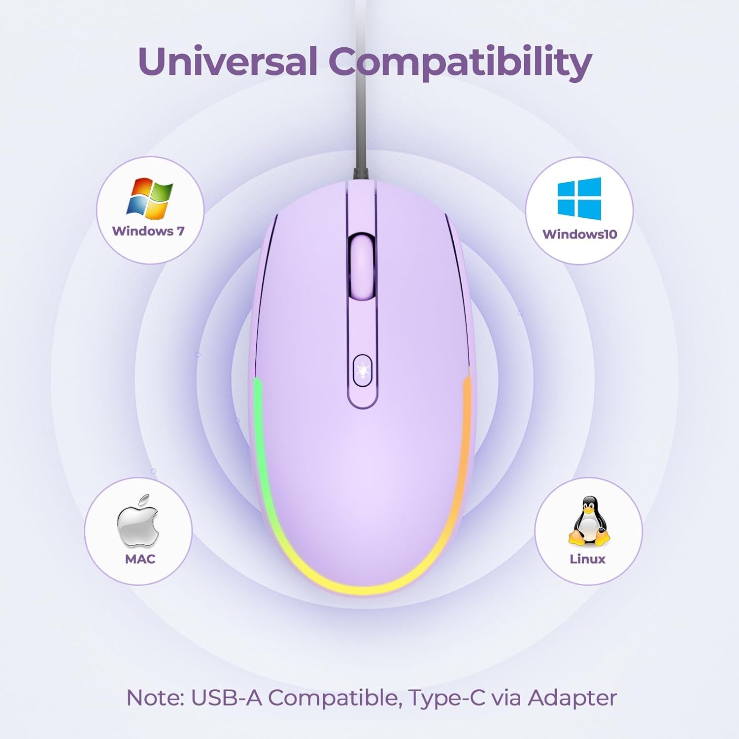Wired Mouse - USB Computer Mice Wired with RGB Backlit Optical LED Mouse with Attached USB Cord for Laptops Notebooks Chromebook - Purple