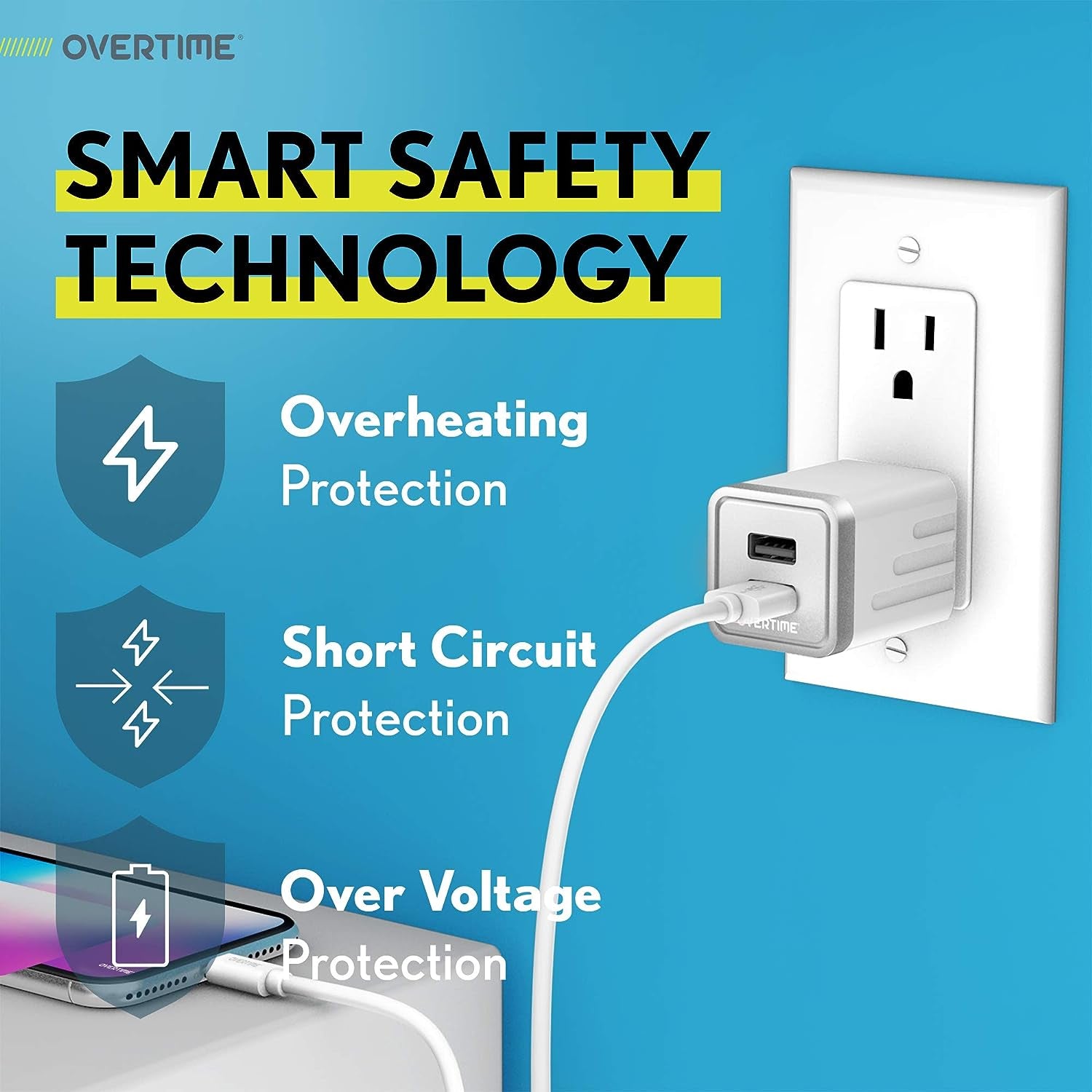 Overtime Iphone Charger Set, Apple Mfi Certified Lightning Cable with Dual USB Wall Adapter 2.4 AMP Compatible W/Iphone 11 Pro Max XS XR X 8 7 6S 6 plus SE Airpods Ipad (Silver/White, 6Ft)