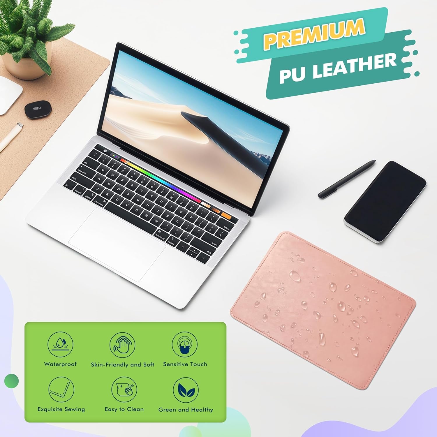 PU Leather Mouse Pad with Stitched Edge Micro-Fiber Base - Non-Slip Waterproof, 8X11Inch (Light Pink)