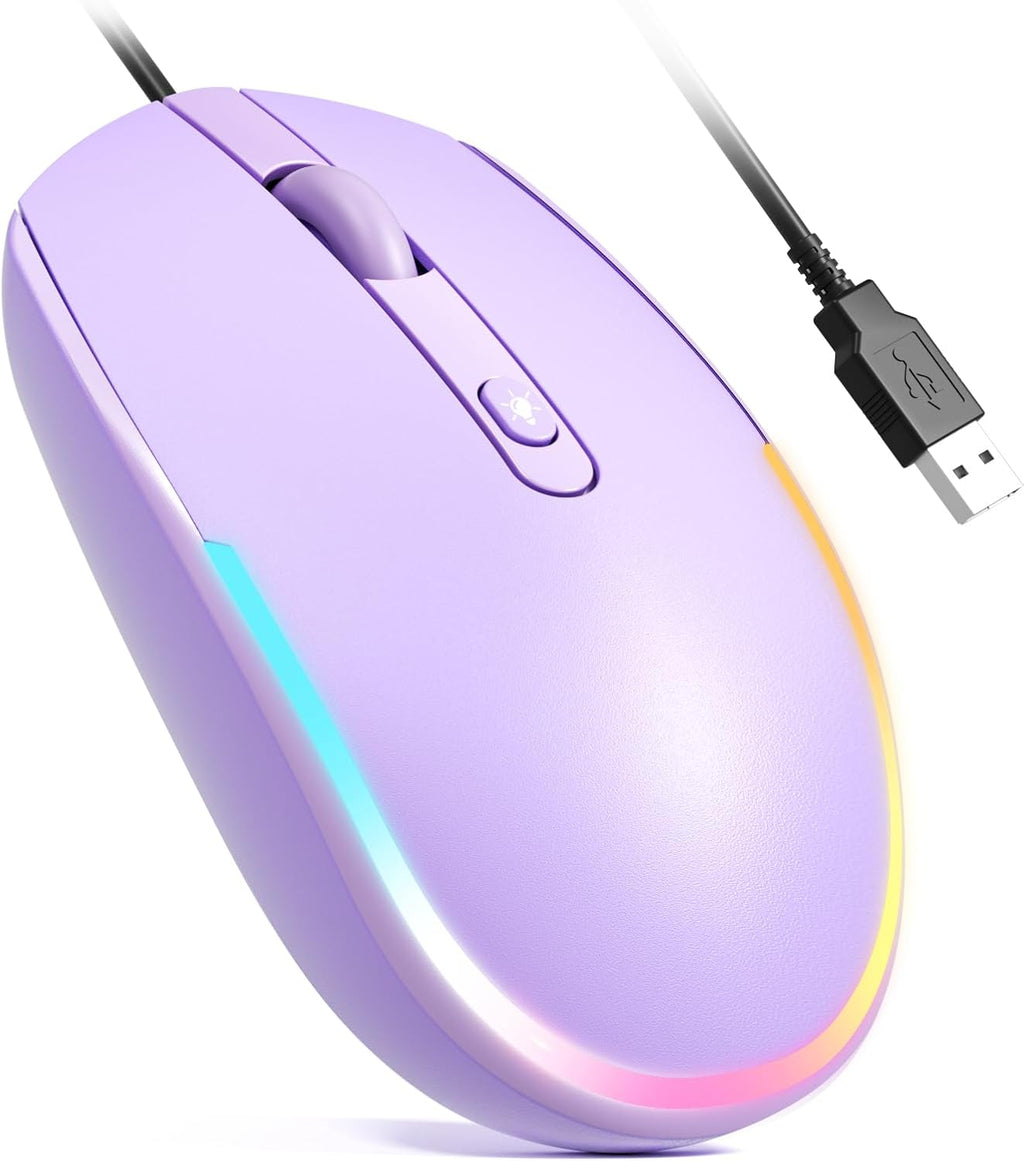 Wired Mouse - USB Computer Mice Wired with RGB Backlit Optical LED Mouse with Attached USB Cord for Laptops Notebooks Chromebook - Purple