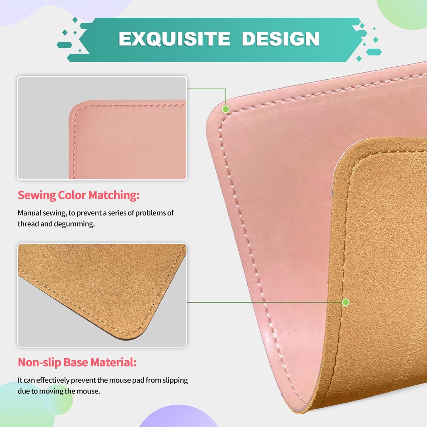 PU Leather Mouse Pad with Stitched Edge Micro-Fiber Base - Non-Slip Waterproof, 8X11Inch (Light Pink)