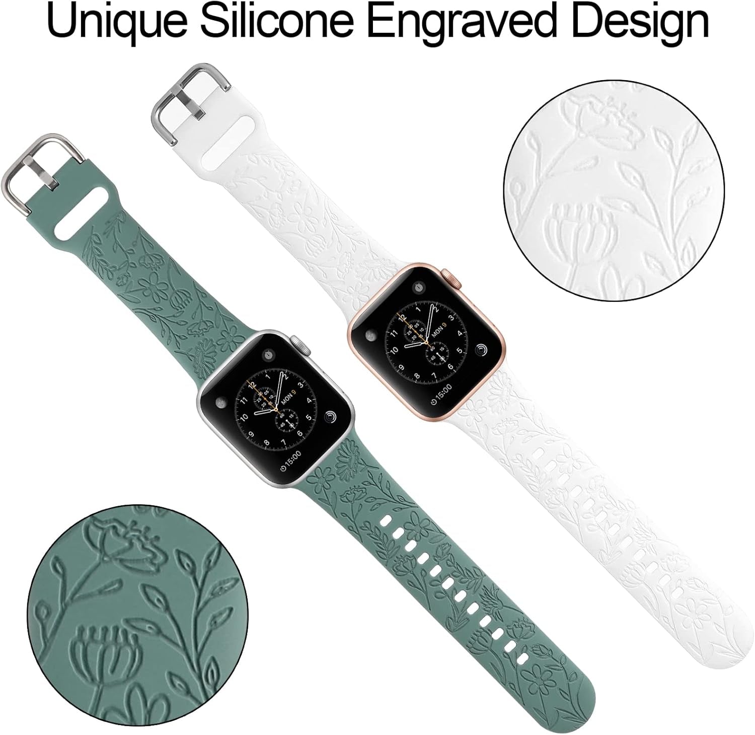 2 Pack Flower Engraved Sport Strap Compatible with Apple Watch Bands 38Mm 40Mm 41Mm, Women Floral Laser Soft Silicone Wristband Replacement Iwatch Series 10 9 8 7 6 5 4 3 2 1 SE