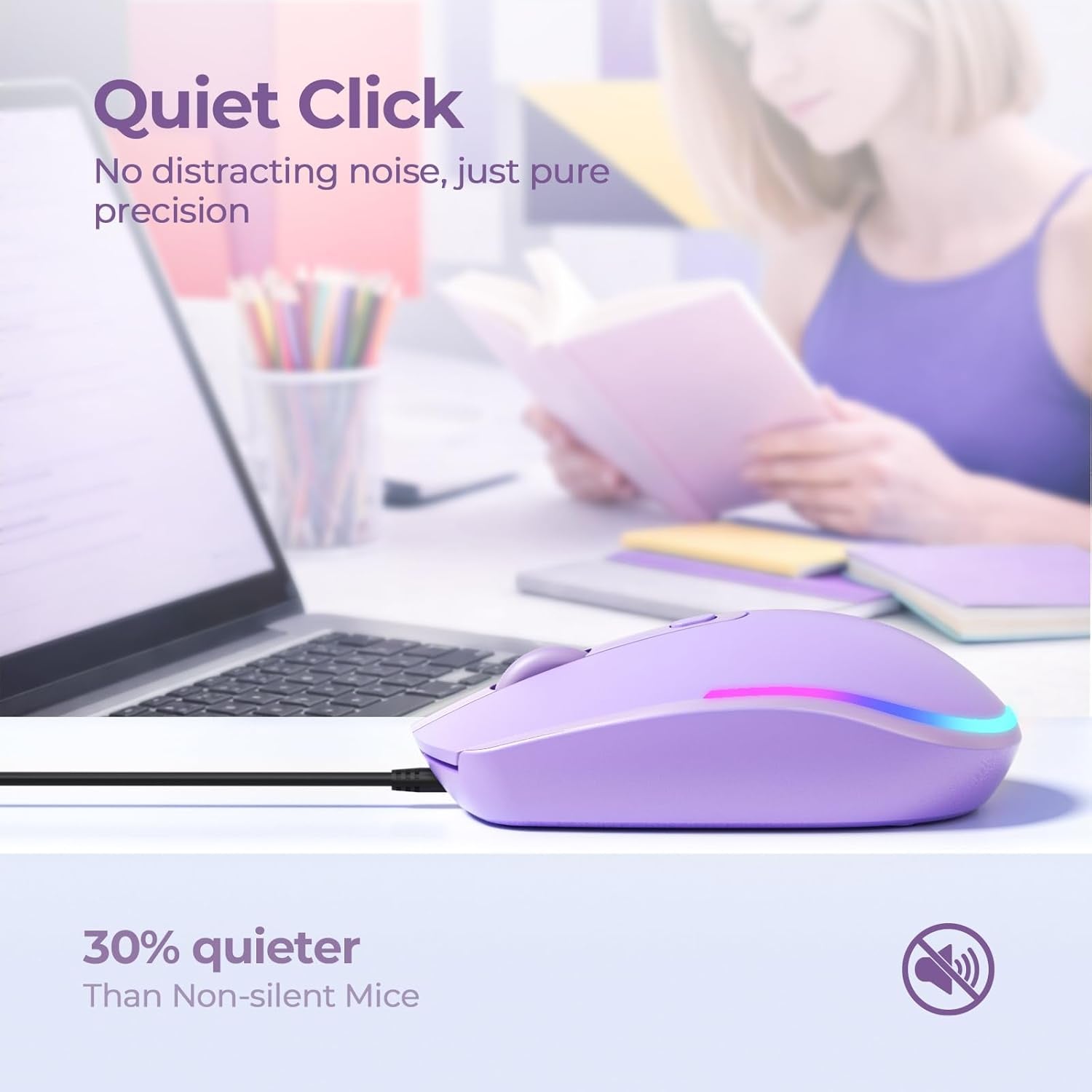 Wired Mouse - USB Computer Mice Wired with RGB Backlit Optical LED Mouse with Attached USB Cord for Laptops Notebooks Chromebook - Purple