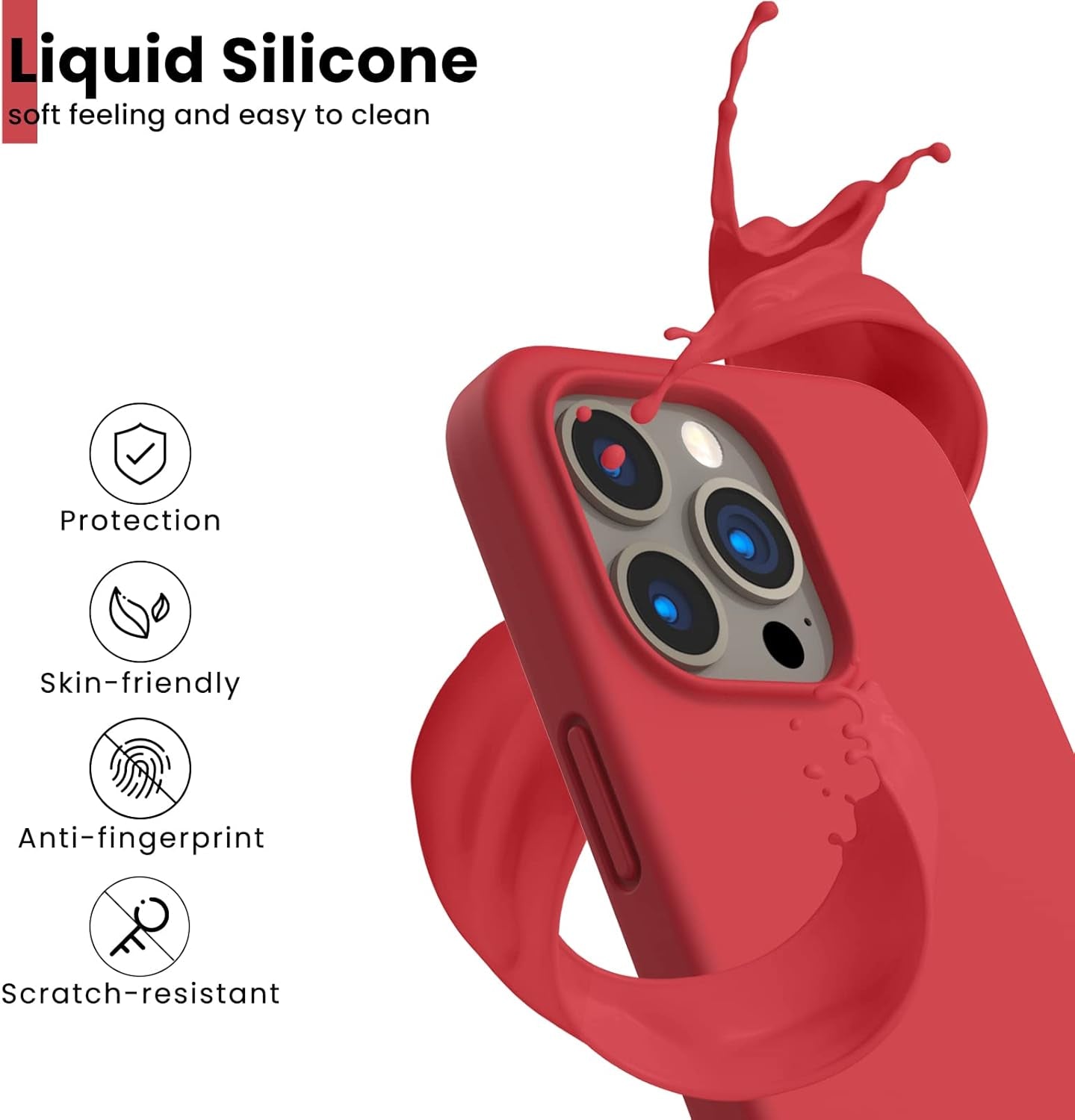 Shockproof Liquid Silicone Designed for Iphone 13 Pro Case Gel Rubber Comprehensive Protection Anti-Shock Cover Case Drop Protection 6.1Inch-Red